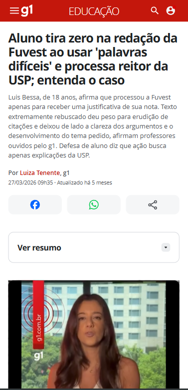 Print de reportagem do g1: aluno tira zero na redação da Fuvest ao usar 'palavras difíceis' e processa reitor da USP